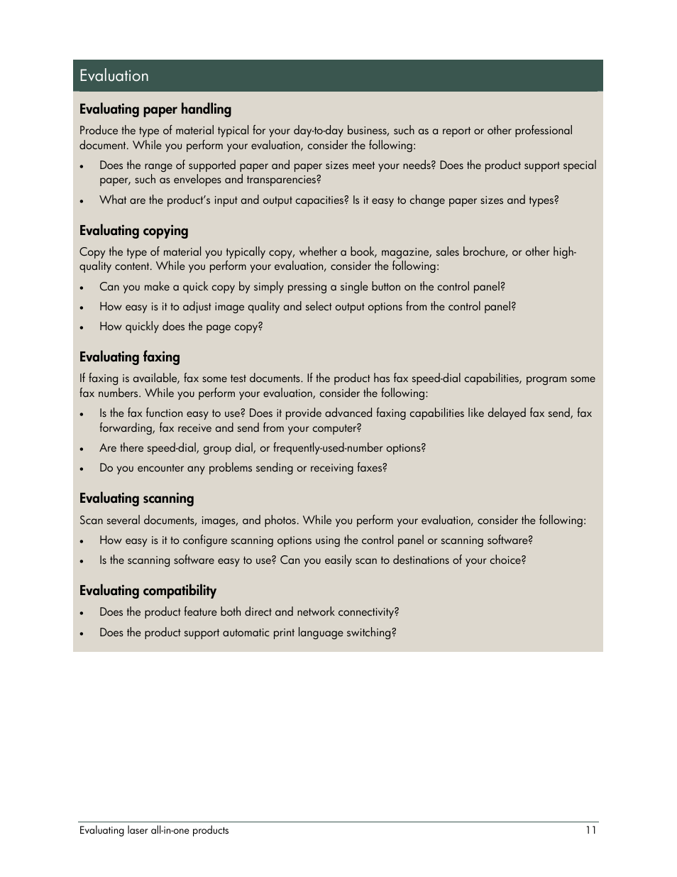 Evaluation, Evaluating paper handling, Evaluating copying | Evaluating faxing, Evaluating scanning, Evaluating compatibility | HP LaserJet 3052 User Manual | Page 15 / 38