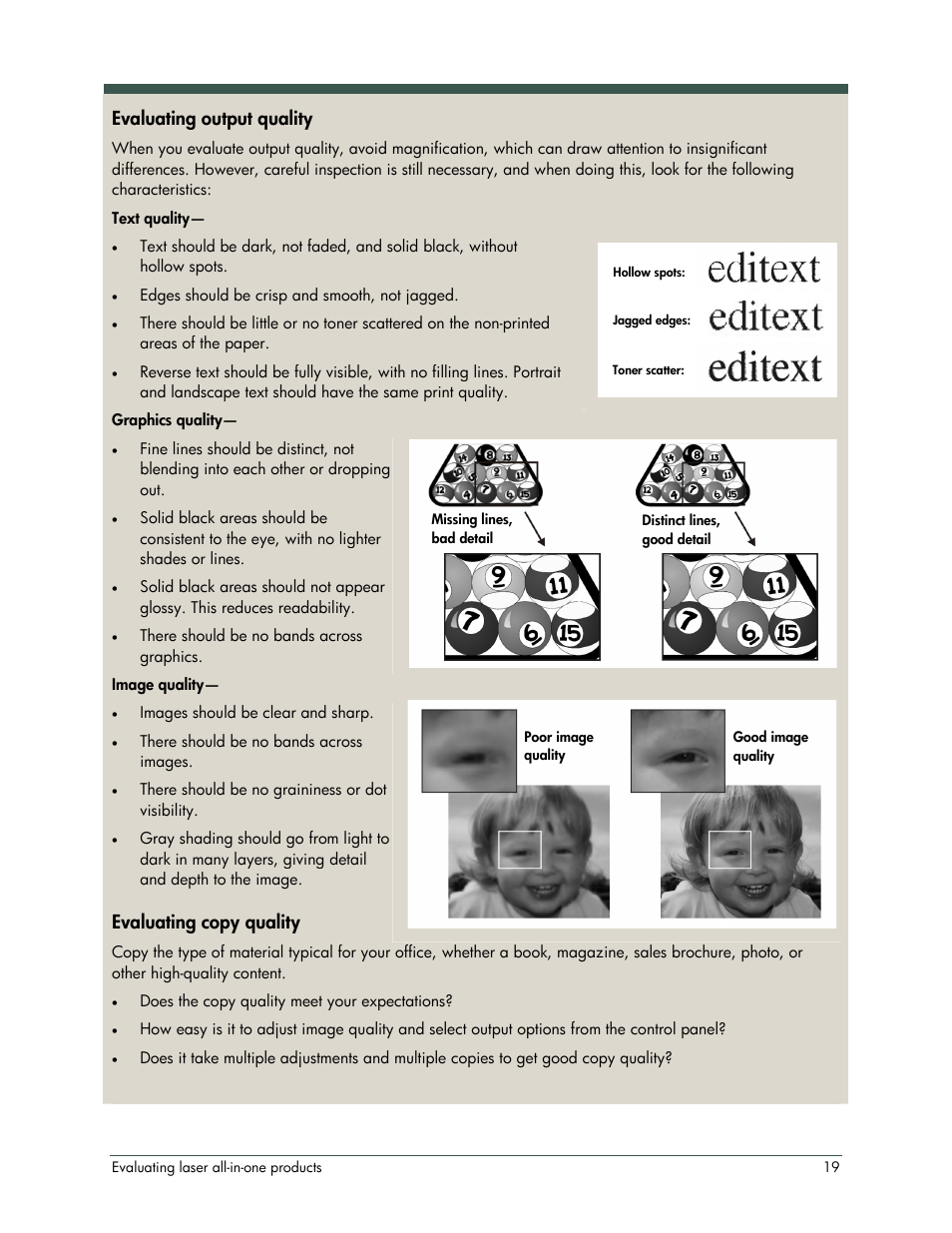 Evaluating output quality, Evaluating copy quality | HP LaserJet 3052 User Manual | Page 23 / 38