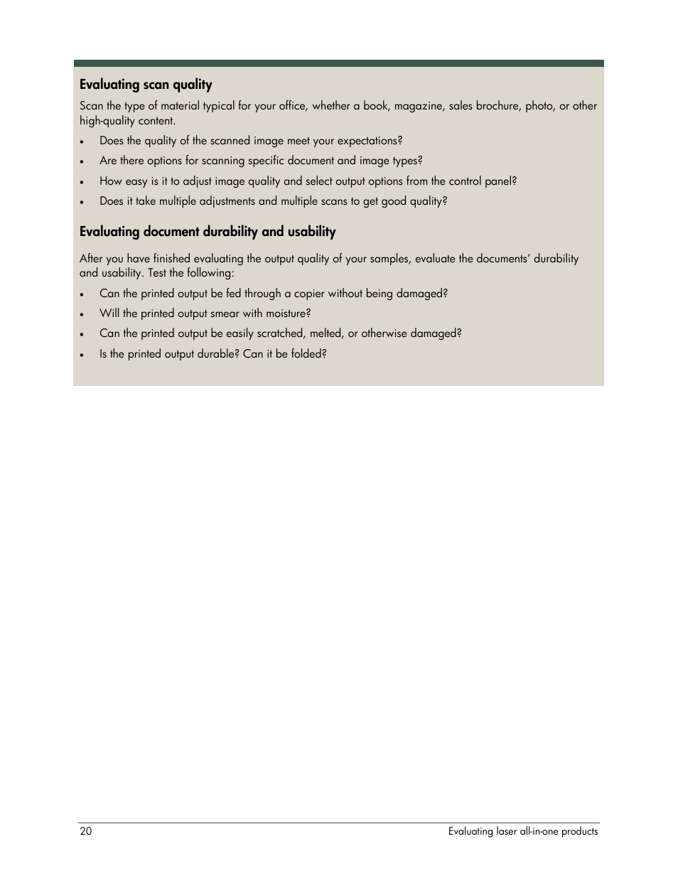 Evaluating scan quality, Evaluating document durability and usability | HP LaserJet 3052 User Manual | Page 24 / 38