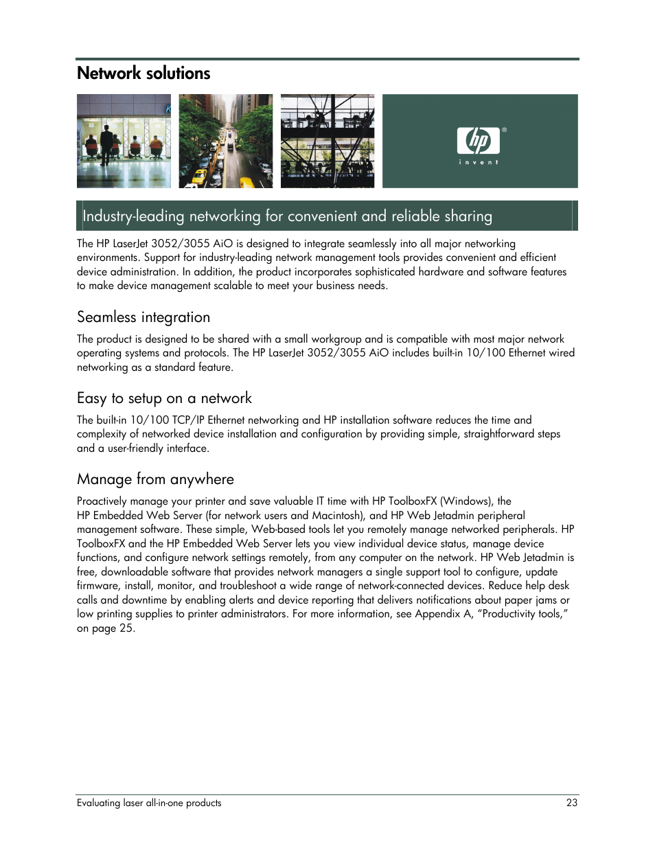 Network solutions, Seamless integration, Easy to setup on a network | Manage from anywhere | HP LaserJet 3052 User Manual | Page 27 / 38