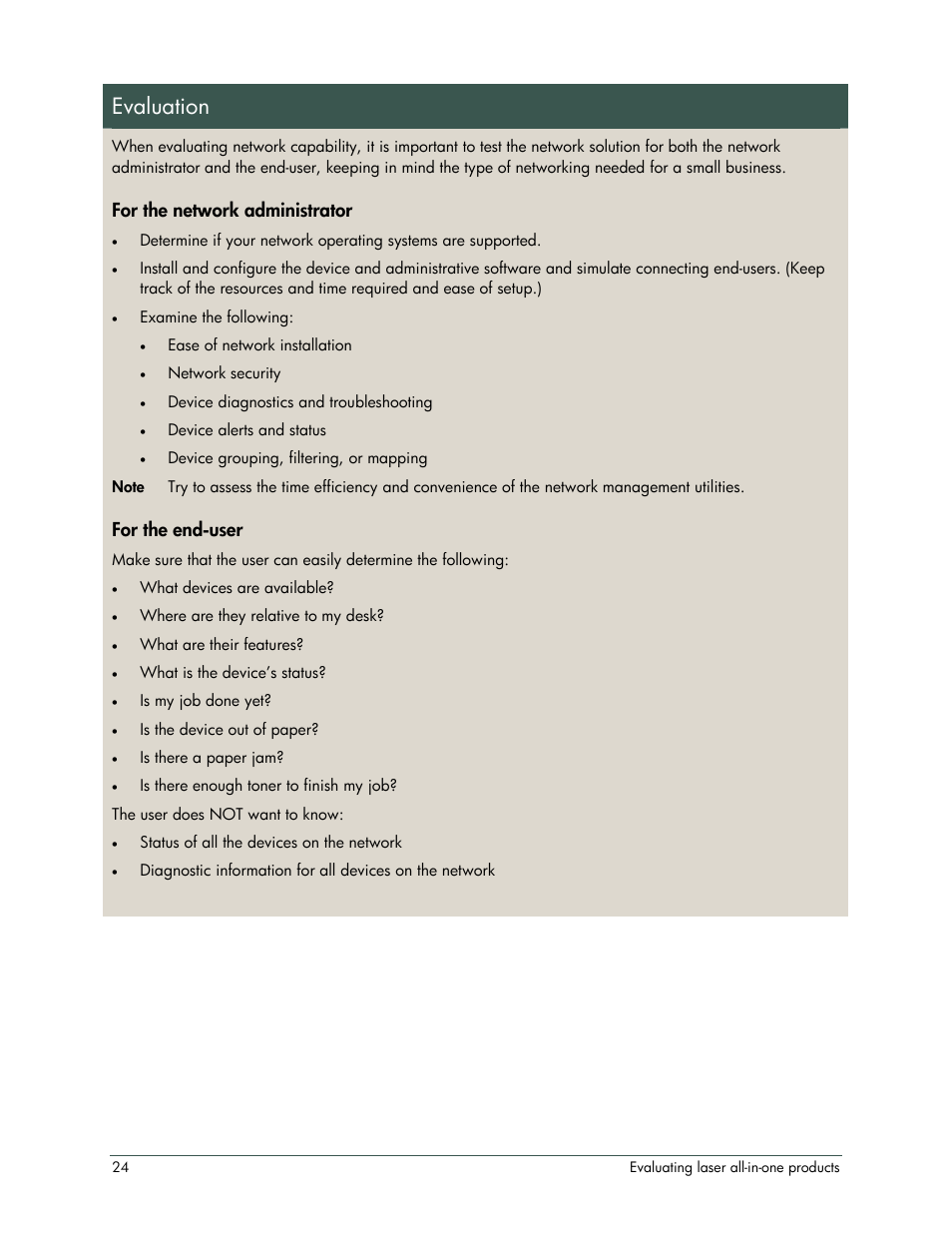 Evaluation, For the network administrator, For the end-user | HP LaserJet 3052 User Manual | Page 28 / 38