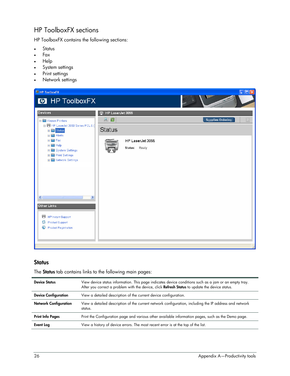 Status | HP LaserJet 3052 User Manual | Page 30 / 38