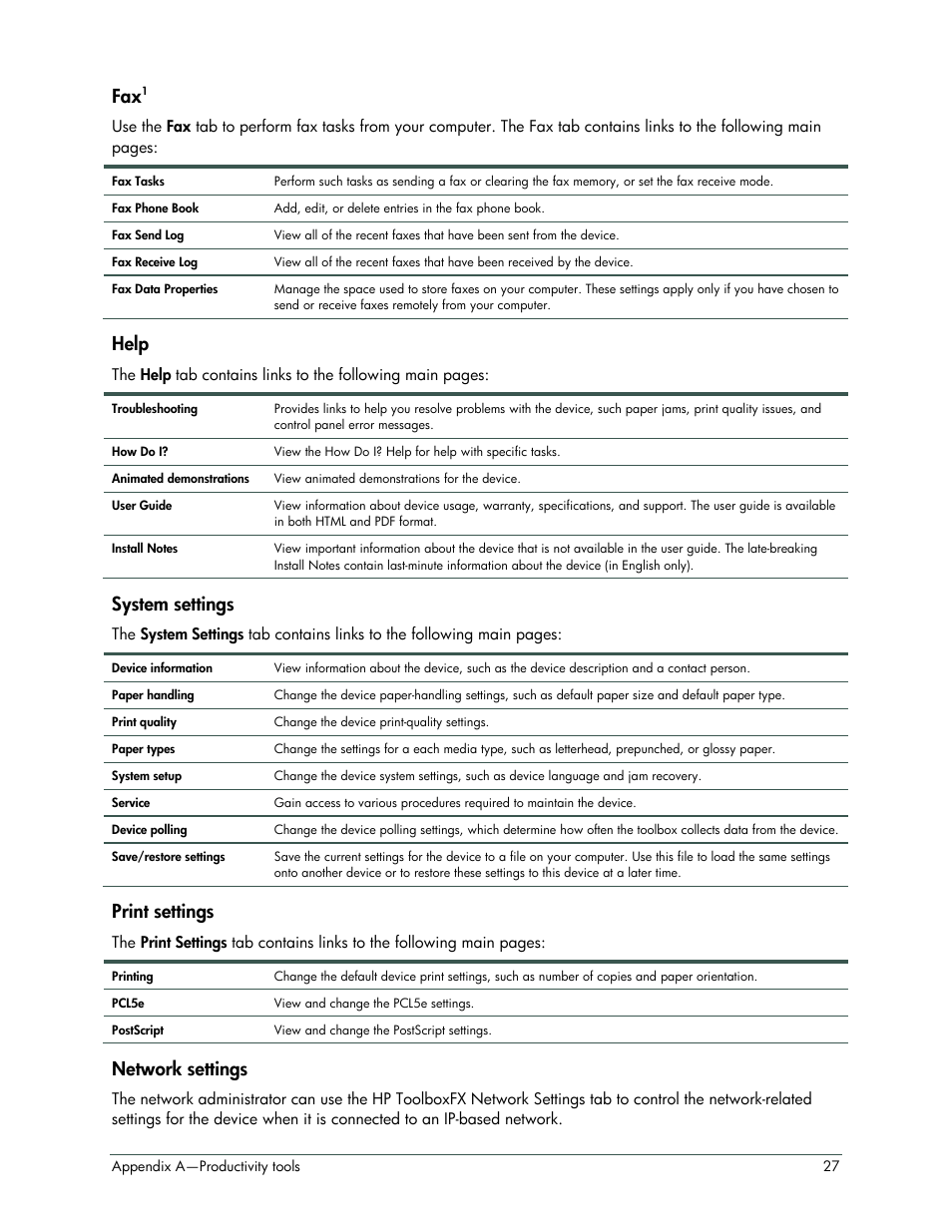 Help, System settings, Print settings | Network settings | HP LaserJet 3052 User Manual | Page 31 / 38