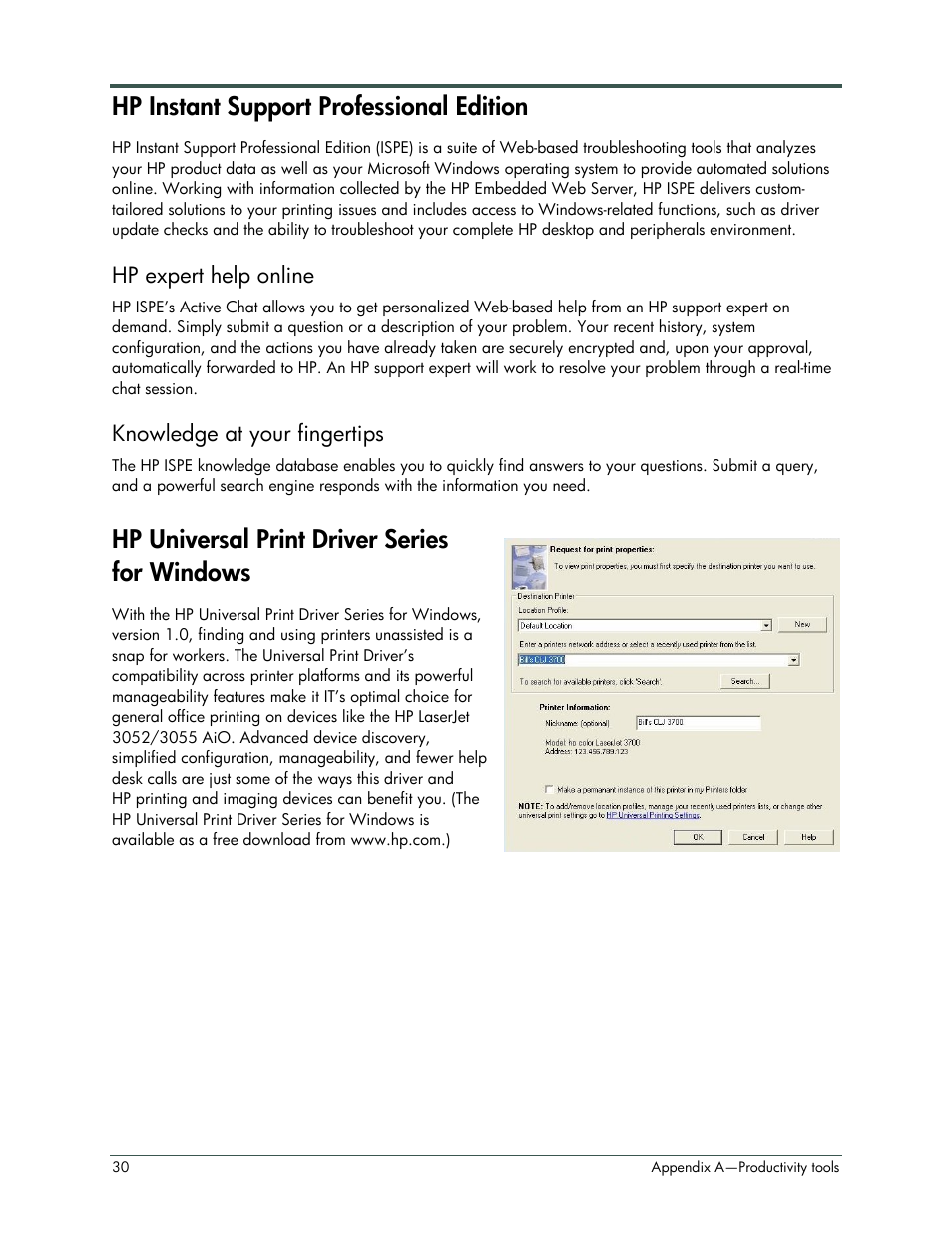 Hp instant support professional edition, Hp universal print driver series for windows, Hp expert help online | Knowledge at your fingertips | HP LaserJet 3052 User Manual | Page 34 / 38