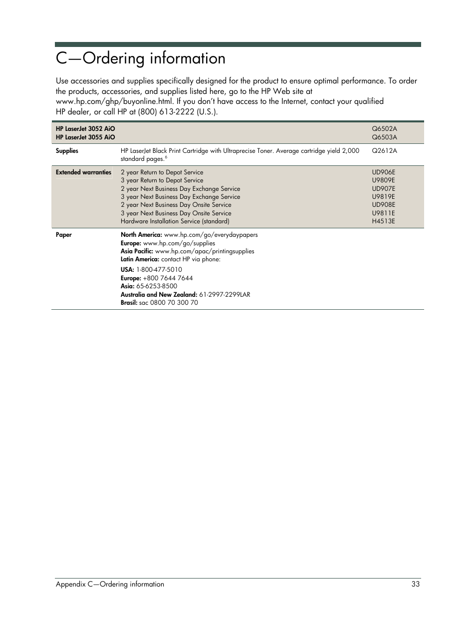 C—ordering information | HP LaserJet 3052 User Manual | Page 37 / 38