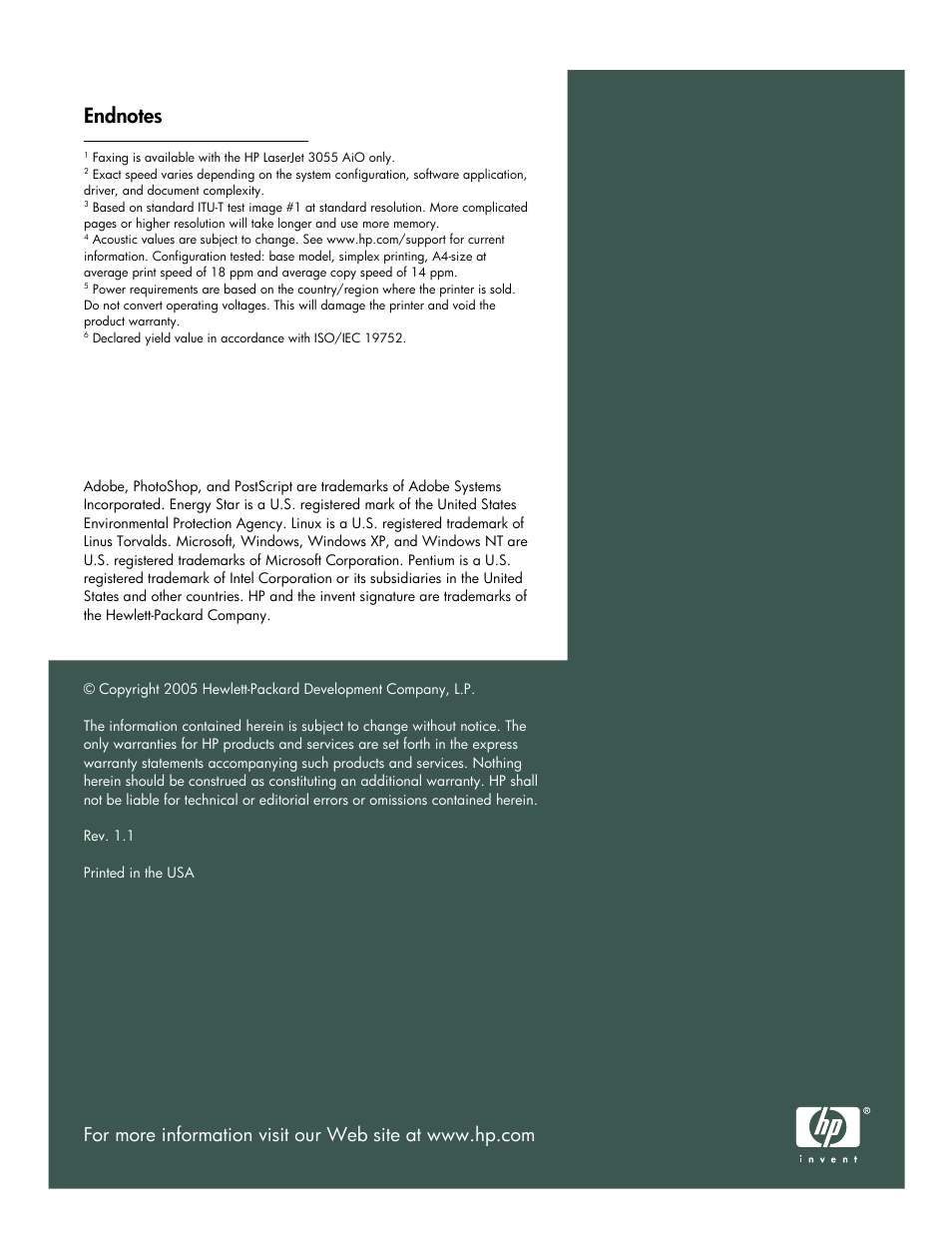 Acoustics | HP LaserJet 3052 User Manual | Page 38 / 38