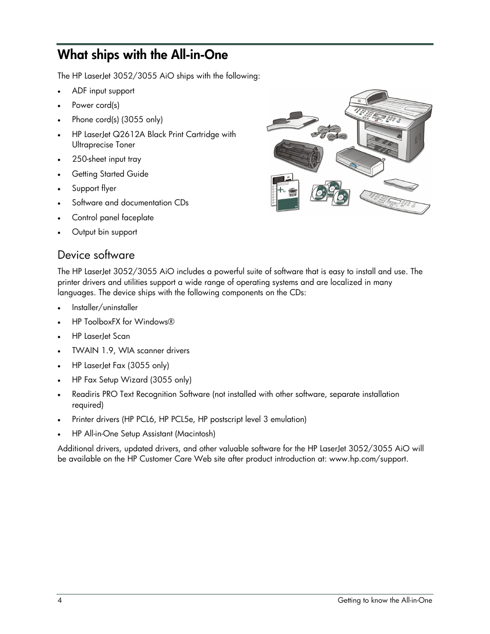 What ships with the all-in-one, Device software | HP LaserJet 3052 User Manual | Page 8 / 38