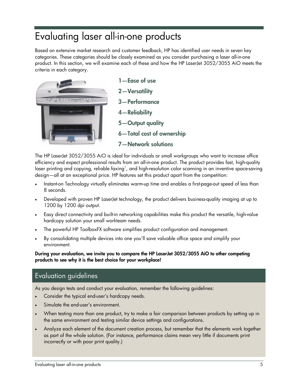 Evaluating laser all-in-one products, Evaluation guidelines | HP LaserJet 3052 User Manual | Page 9 / 38