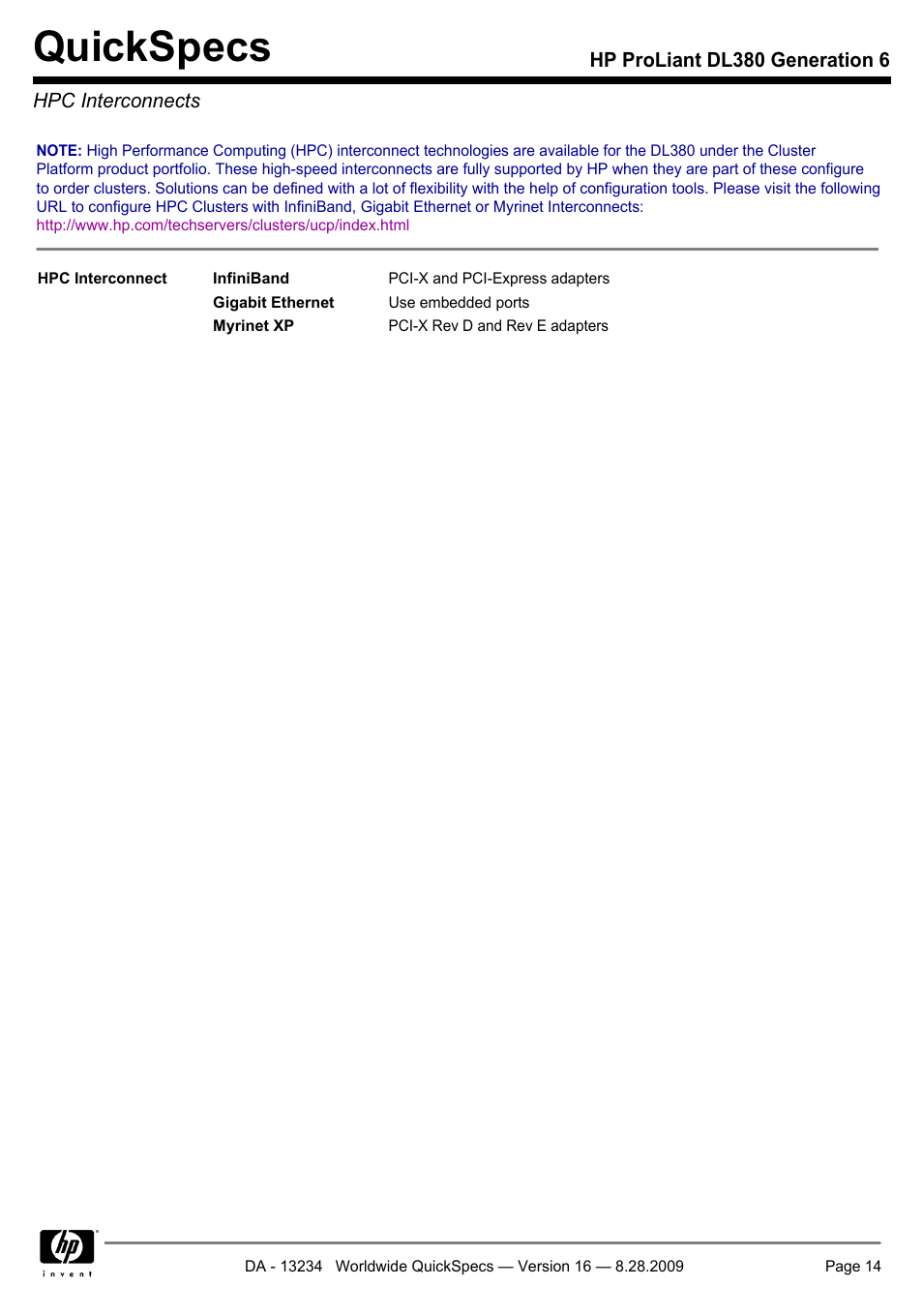 Hpc interconnects, Quickspecs | HP ProLiant DL380 User Manual | Page 14 / 50