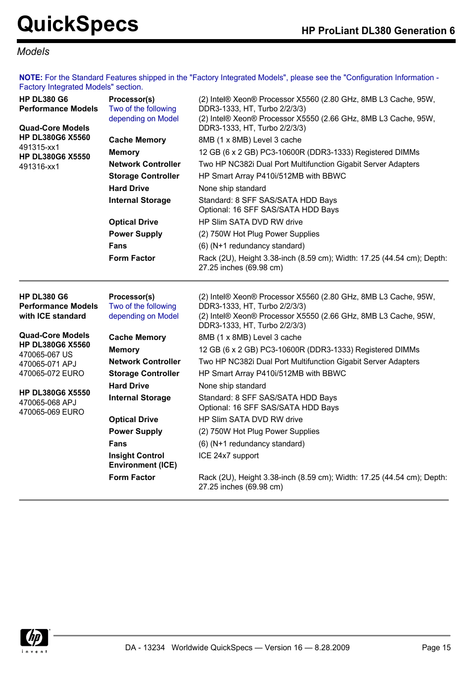 Models, Quickspecs, Hp proliant dl380 generation 6 models | HP ProLiant DL380 User Manual | Page 15 / 50