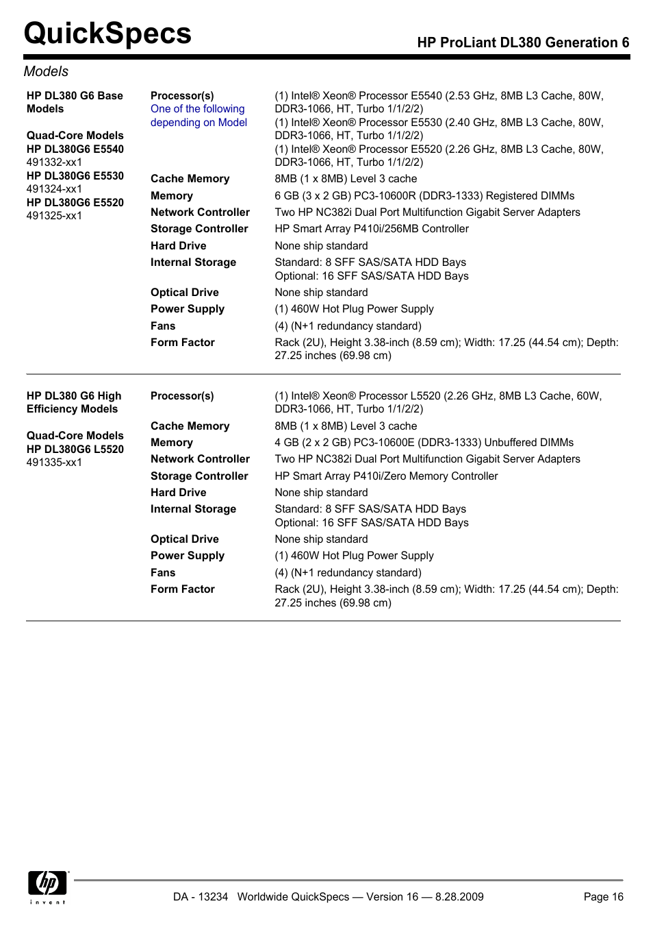 Quickspecs, Hp proliant dl380 generation 6 models | HP ProLiant DL380 User Manual | Page 16 / 50