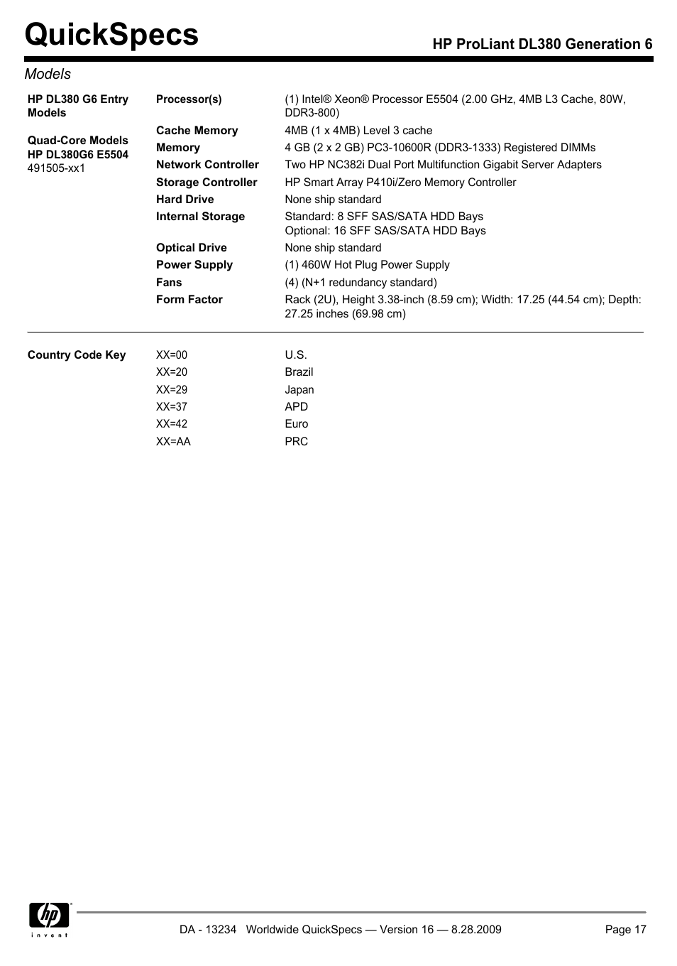 Quickspecs, Hp proliant dl380 generation 6 models | HP ProLiant DL380 User Manual | Page 17 / 50