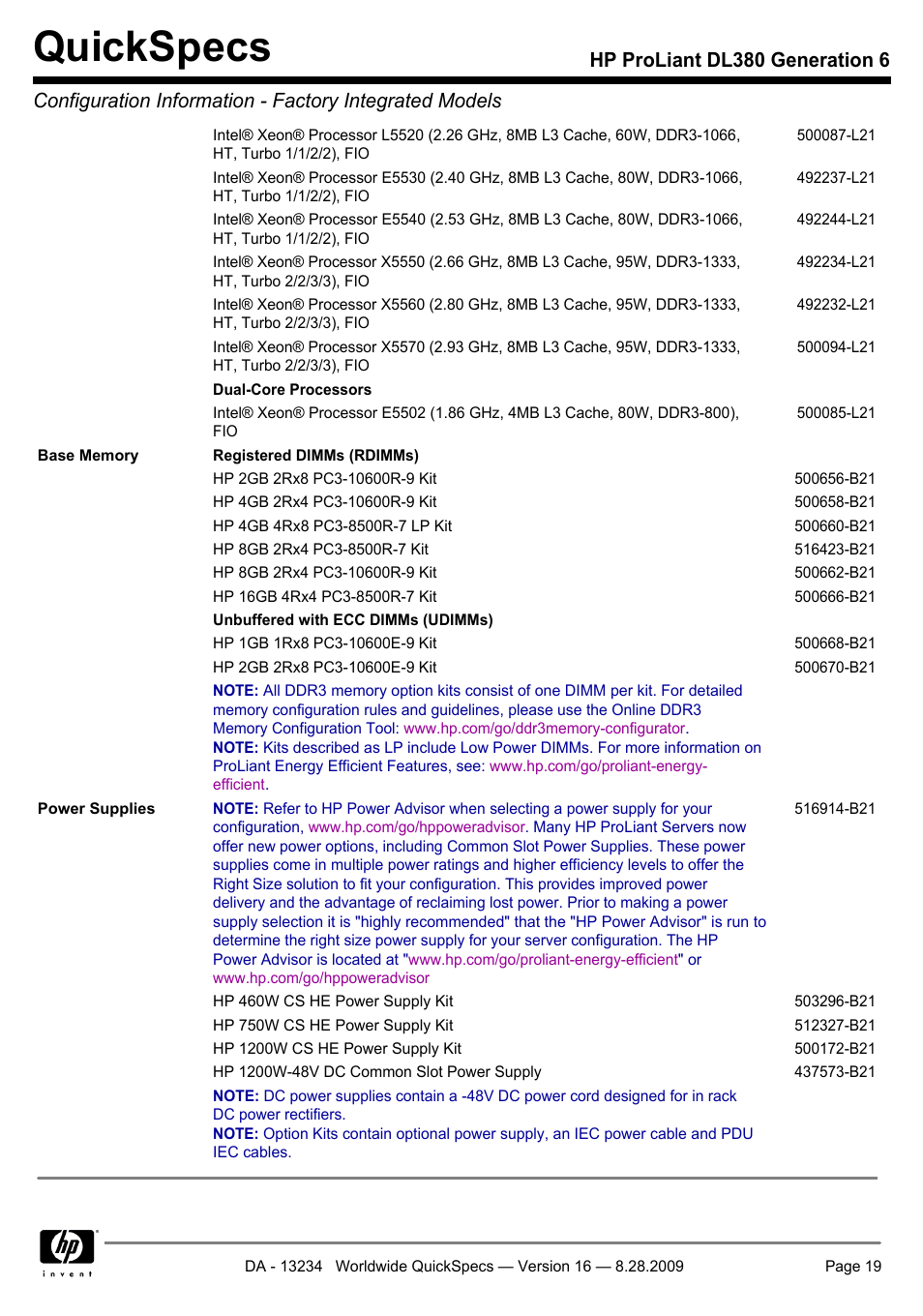 Quickspecs | HP ProLiant DL380 User Manual | Page 19 / 50
