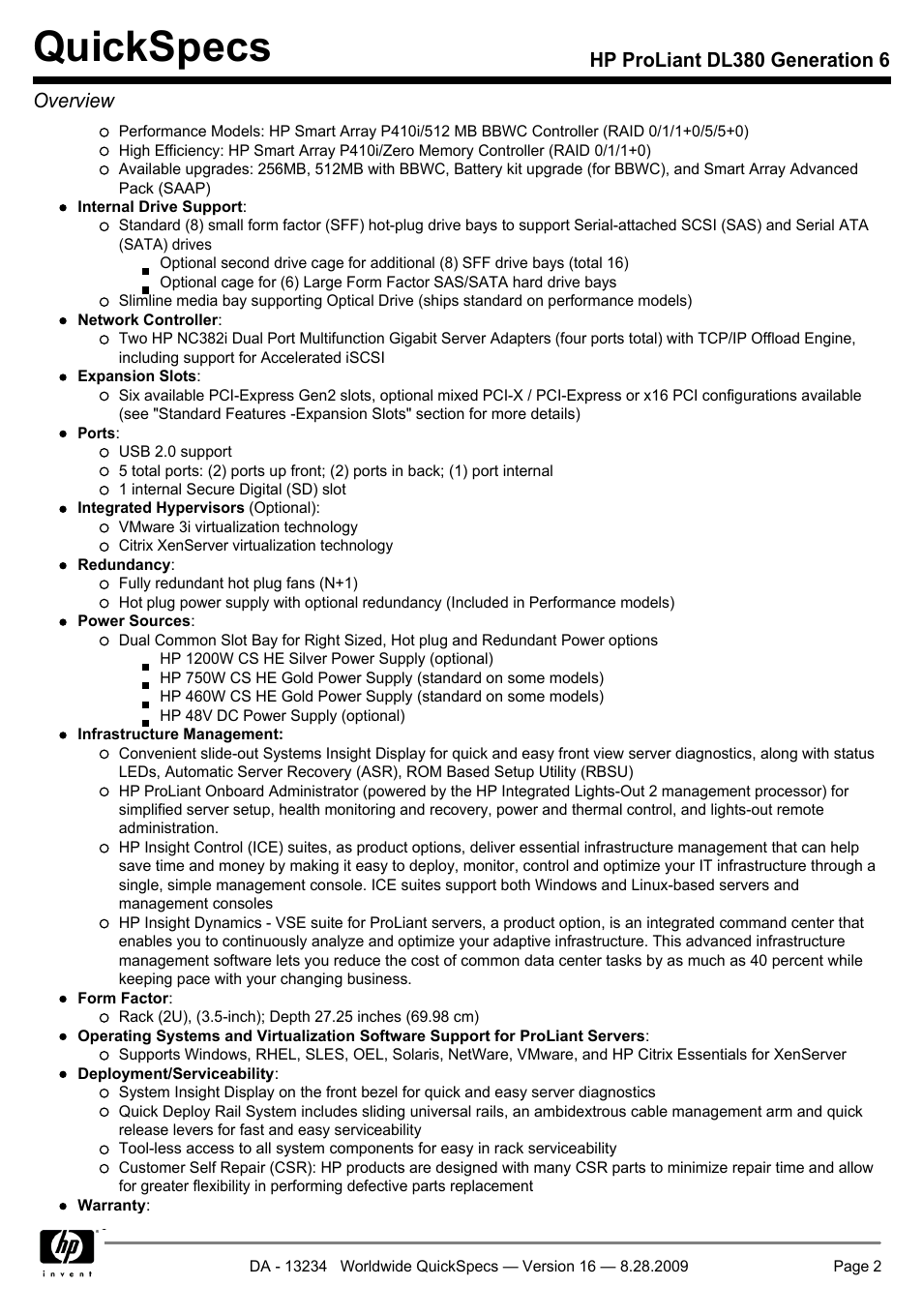 Quickspecs, Hp proliant dl380 generation 6 overview | HP ProLiant DL380 User Manual | Page 2 / 50