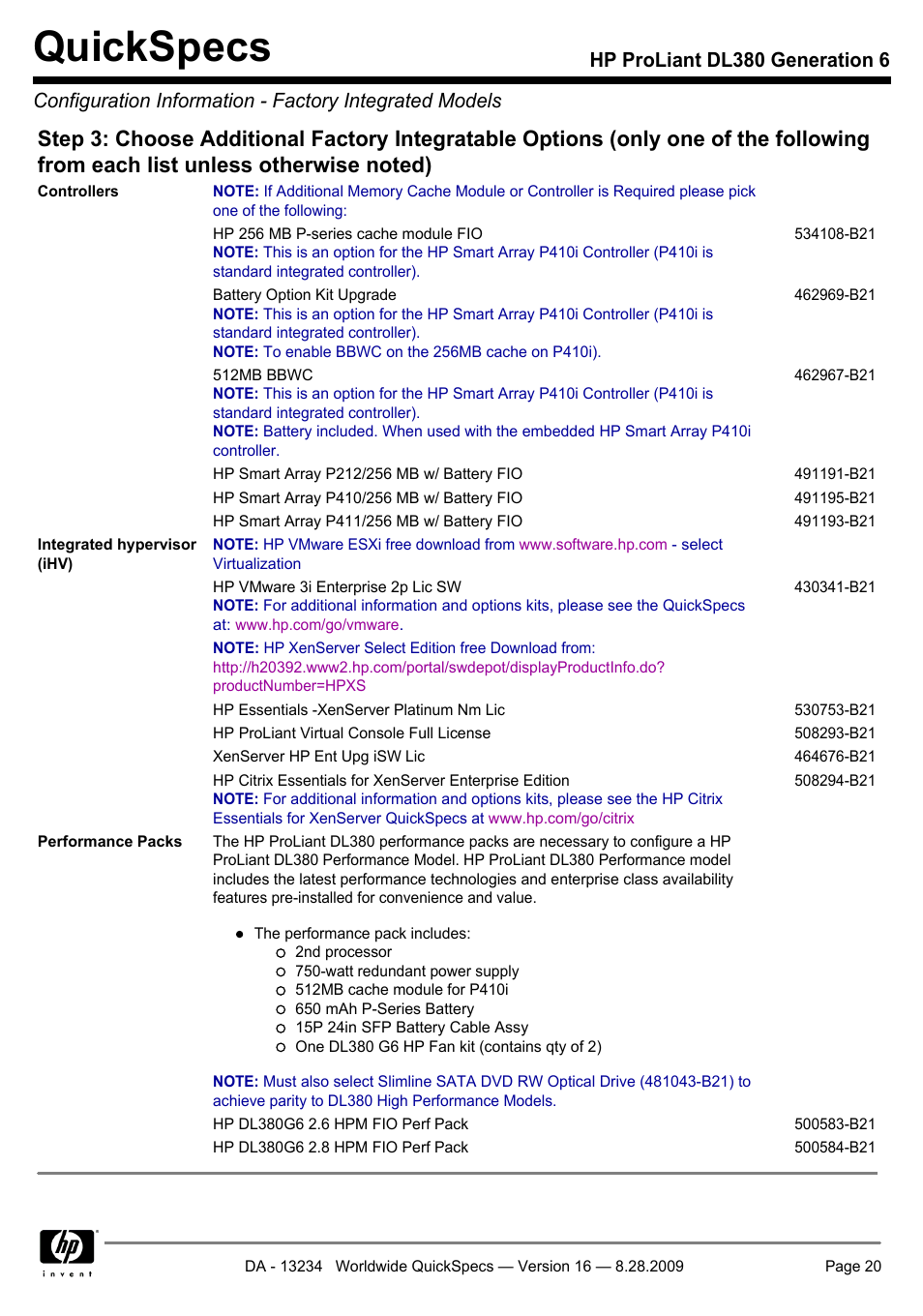 Quickspecs | HP ProLiant DL380 User Manual | Page 20 / 50