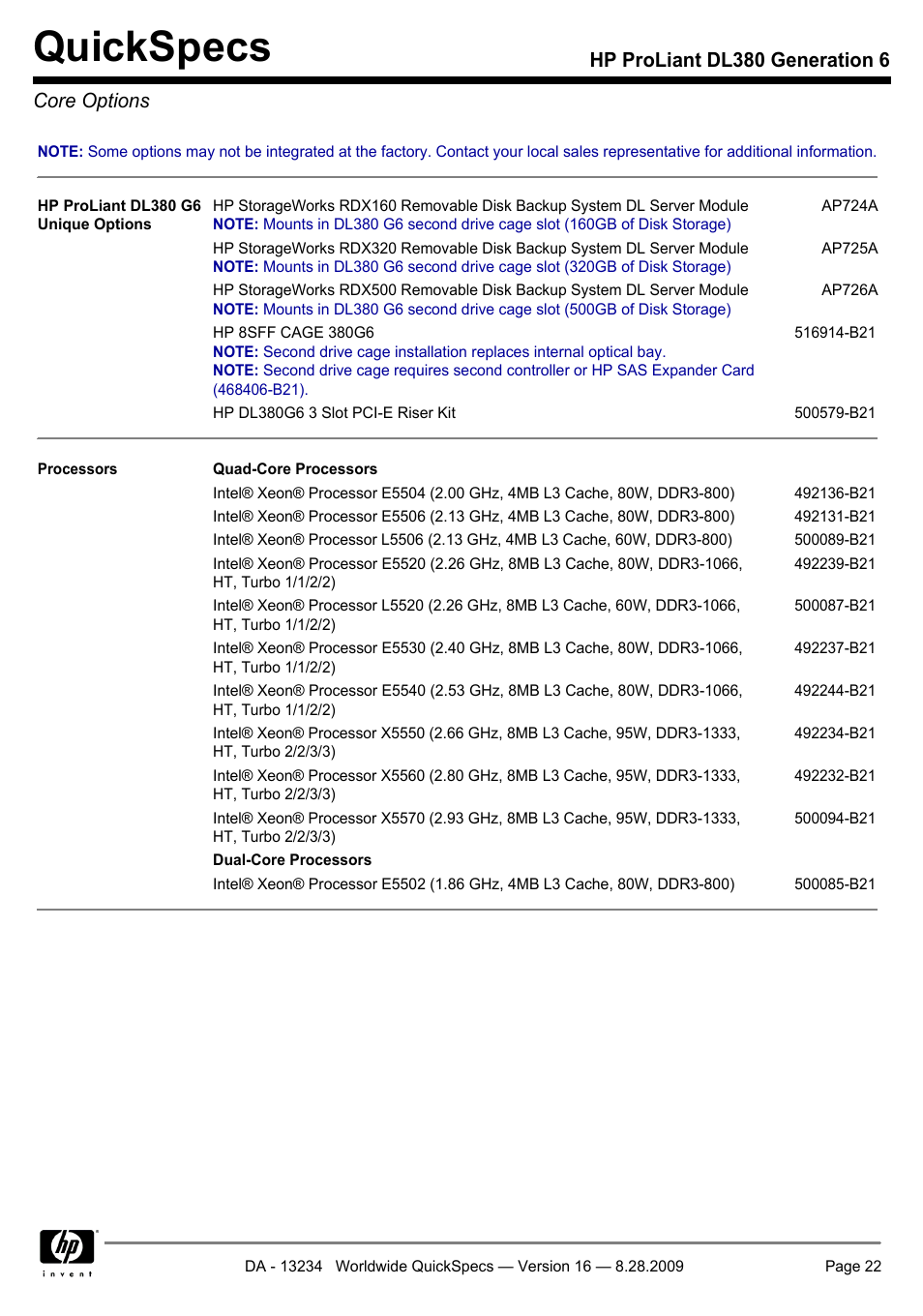 Core options, Quickspecs, Hp proliant dl380 generation 6 core options | HP ProLiant DL380 User Manual | Page 22 / 50