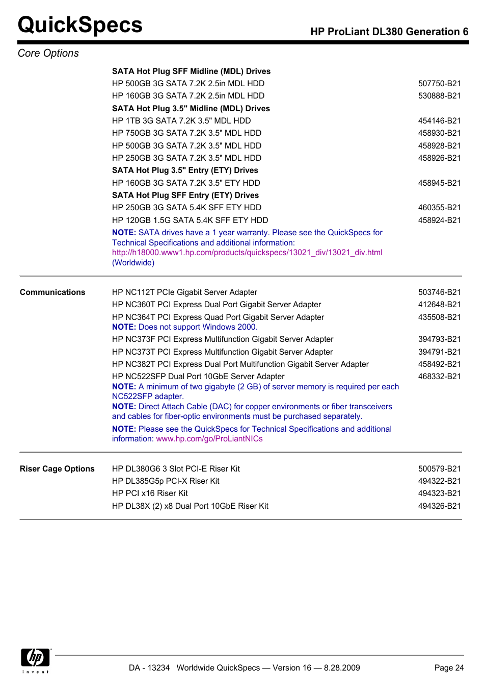 Quickspecs, Hp proliant dl380 generation 6 core options | HP ProLiant DL380 User Manual | Page 24 / 50