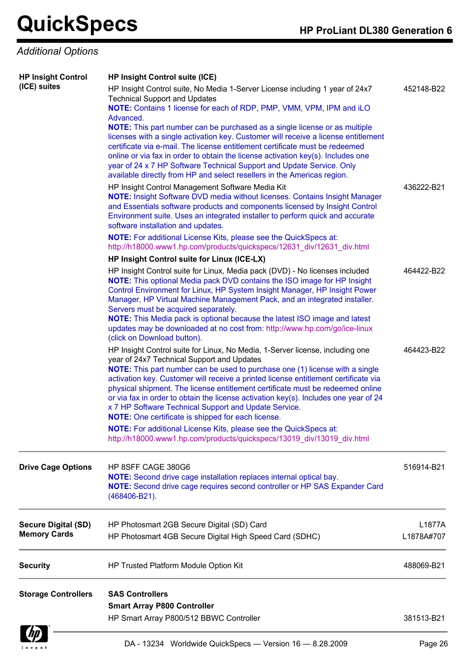 Additional options, Quickspecs, Hp proliant dl380 generation 6 additional options | HP ProLiant DL380 User Manual | Page 26 / 50