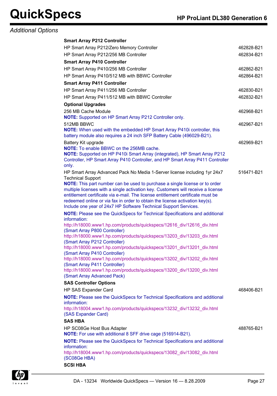 Quickspecs, Hp proliant dl380 generation 6 additional options | HP ProLiant DL380 User Manual | Page 27 / 50