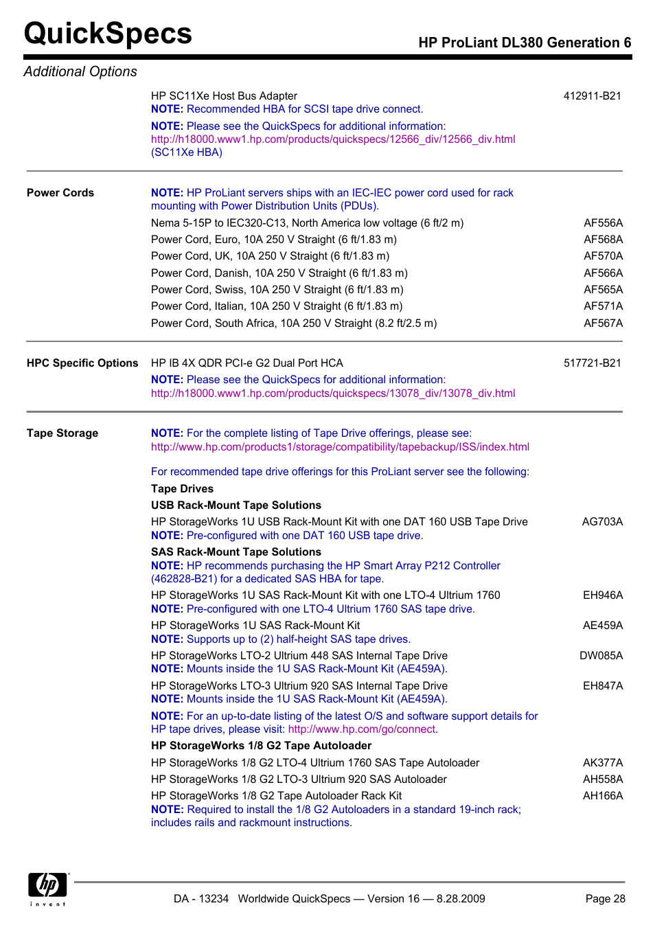 Quickspecs, Hp proliant dl380 generation 6 additional options | HP ProLiant DL380 User Manual | Page 28 / 50