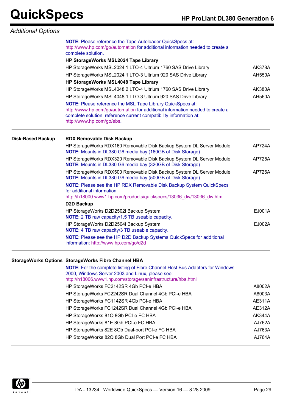 Quickspecs, Hp proliant dl380 generation 6 additional options | HP ProLiant DL380 User Manual | Page 29 / 50