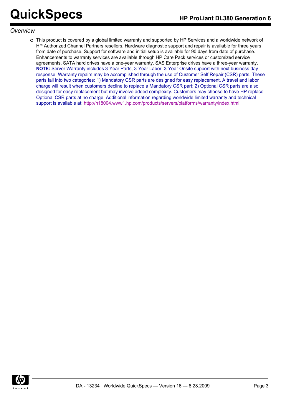 Quickspecs | HP ProLiant DL380 User Manual | Page 3 / 50