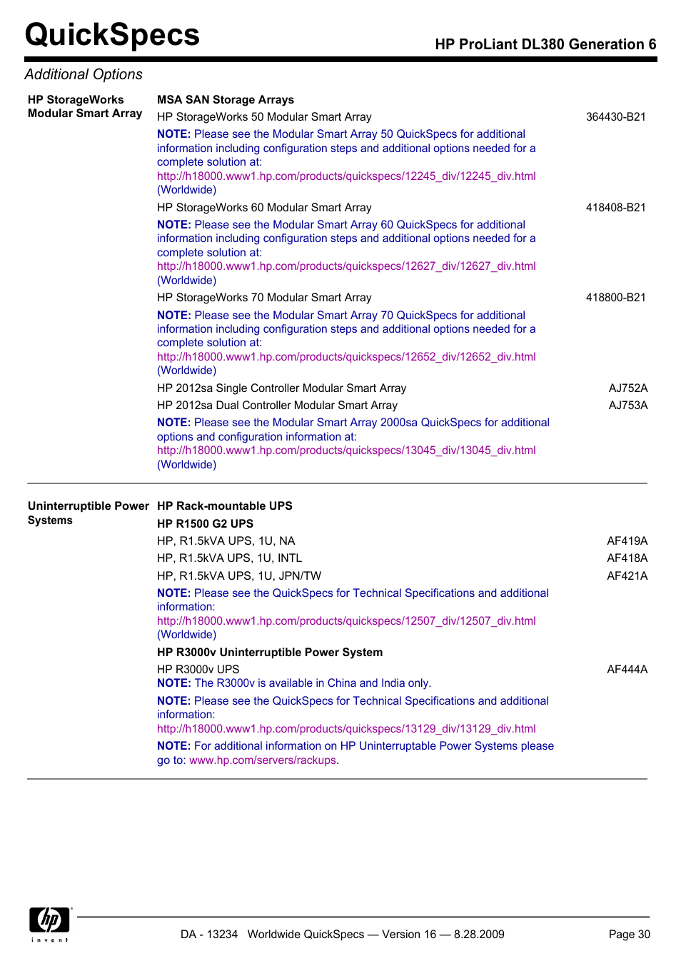 Quickspecs, Hp proliant dl380 generation 6 additional options | HP ProLiant DL380 User Manual | Page 30 / 50