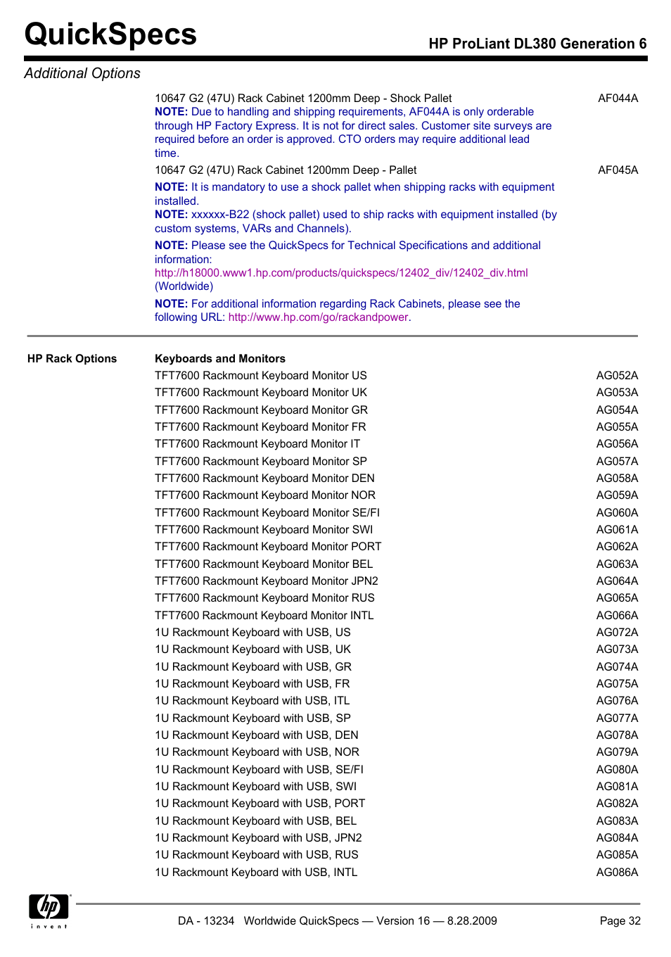 Quickspecs, Hp proliant dl380 generation 6 additional options | HP ProLiant DL380 User Manual | Page 32 / 50