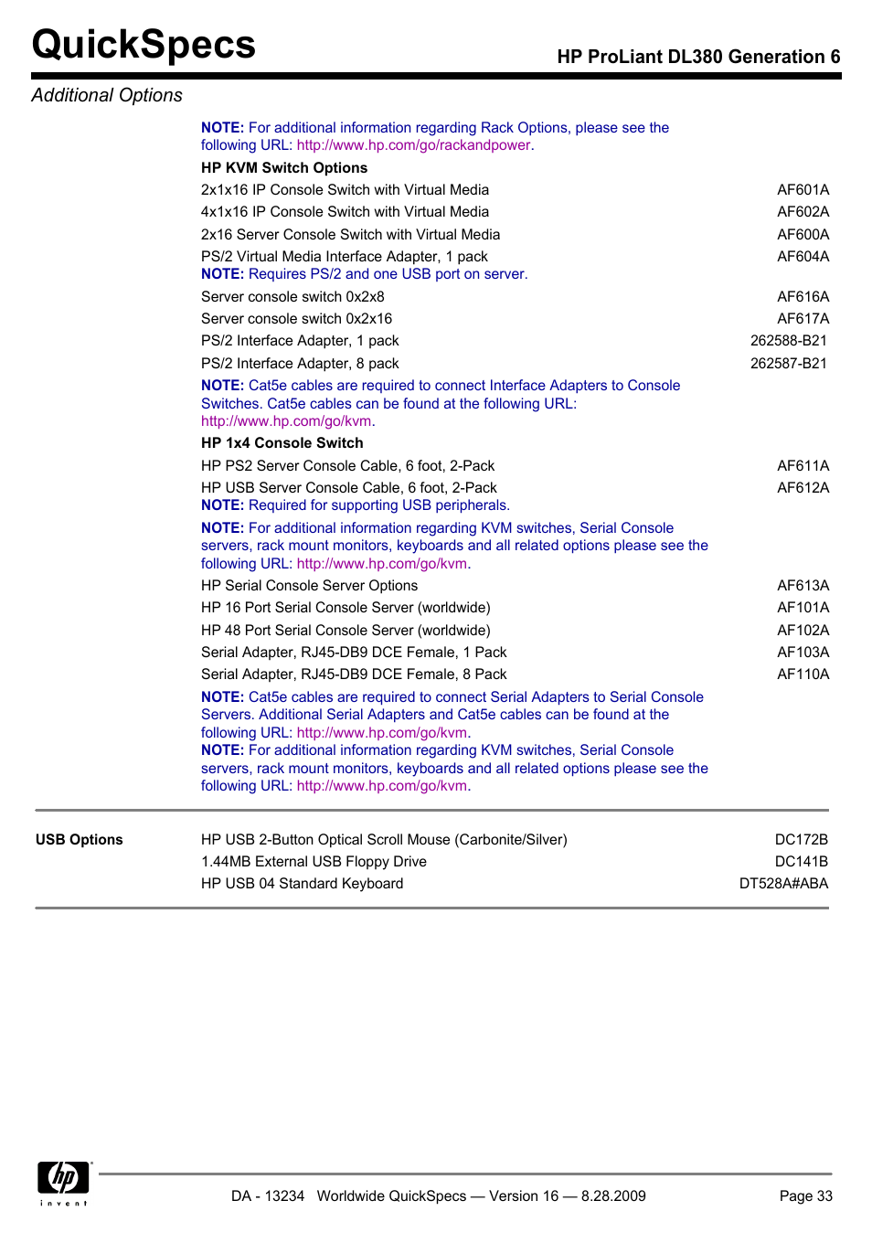 Quickspecs, Hp proliant dl380 generation 6 additional options | HP ProLiant DL380 User Manual | Page 33 / 50