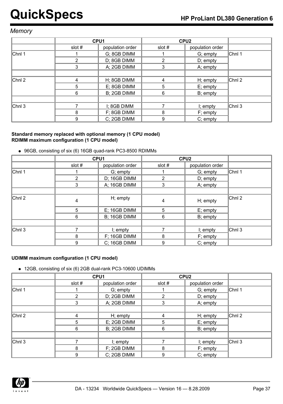 Quickspecs | HP ProLiant DL380 User Manual | Page 37 / 50