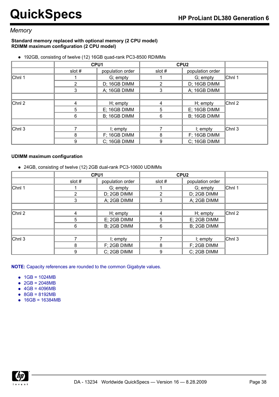 Quickspecs | HP ProLiant DL380 User Manual | Page 38 / 50