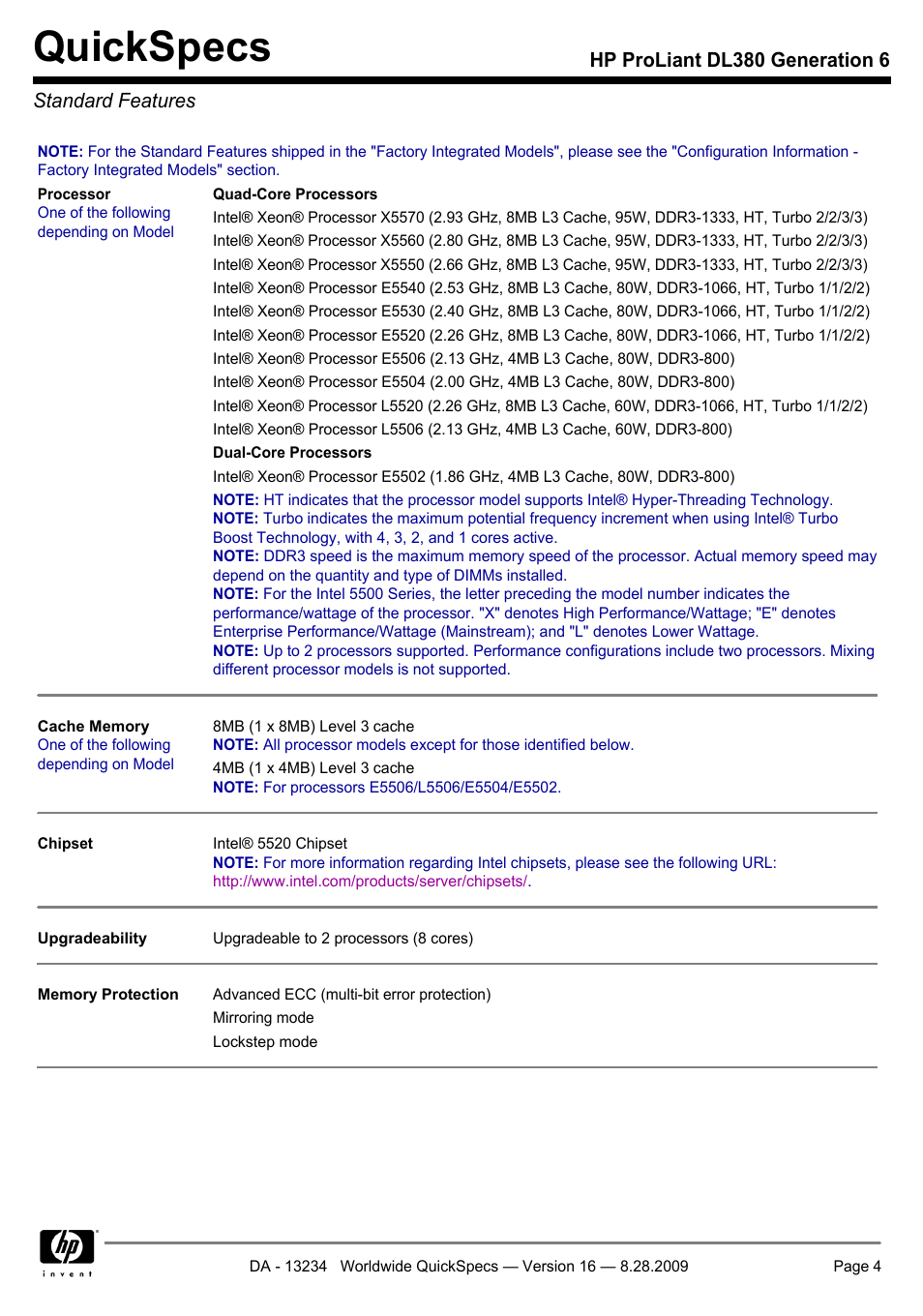 Standard features, Quickspecs, Hp proliant dl380 generation 6 standard features | HP ProLiant DL380 User Manual | Page 4 / 50