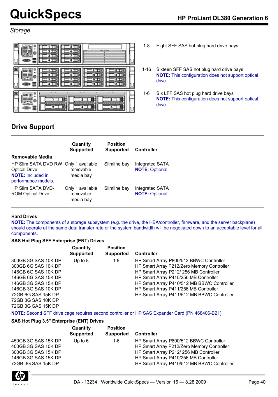 Storage, Quickspecs, Drive support | Hp proliant dl380 generation 6 storage | HP ProLiant DL380 User Manual | Page 40 / 50