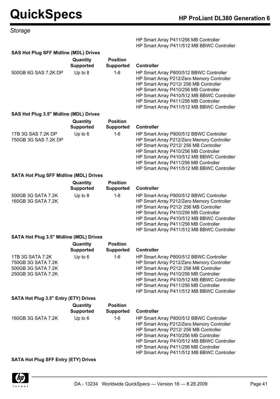 Quickspecs, Hp proliant dl380 generation 6 storage | HP ProLiant DL380 User Manual | Page 41 / 50