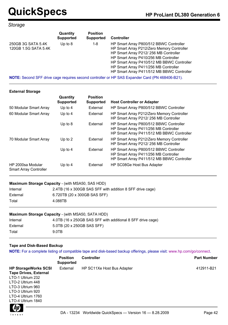 Quickspecs, Hp proliant dl380 generation 6 storage | HP ProLiant DL380 User Manual | Page 42 / 50