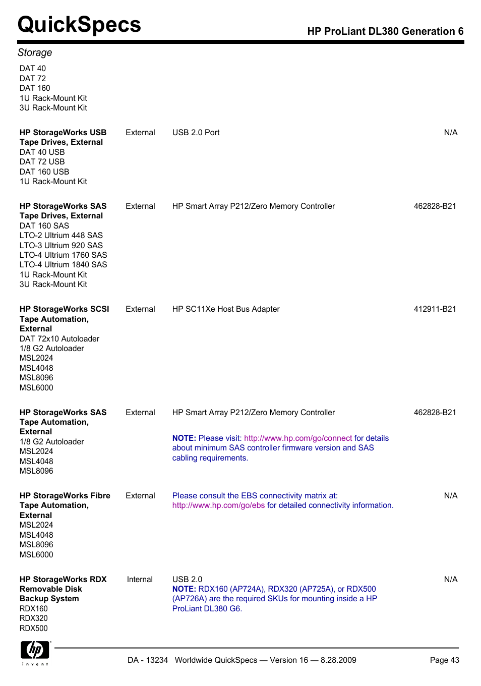 Quickspecs, Hp proliant dl380 generation 6 storage | HP ProLiant DL380 User Manual | Page 43 / 50