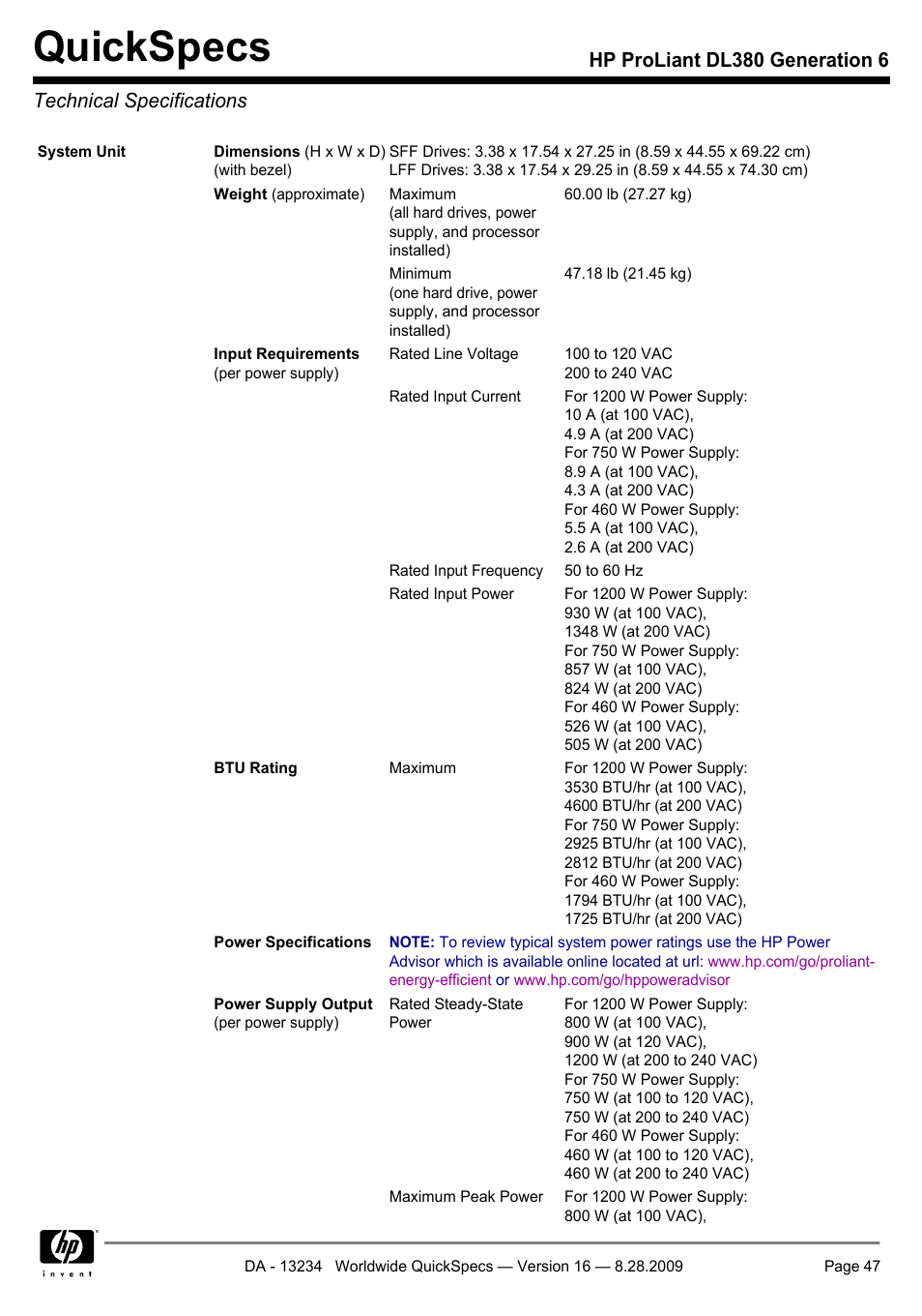 Technical specifications, Quickspecs | HP ProLiant DL380 User Manual | Page 47 / 50