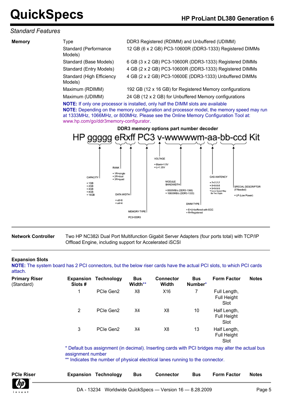 Quickspecs, Hp proliant dl380 generation 6 standard features | HP ProLiant DL380 User Manual | Page 5 / 50