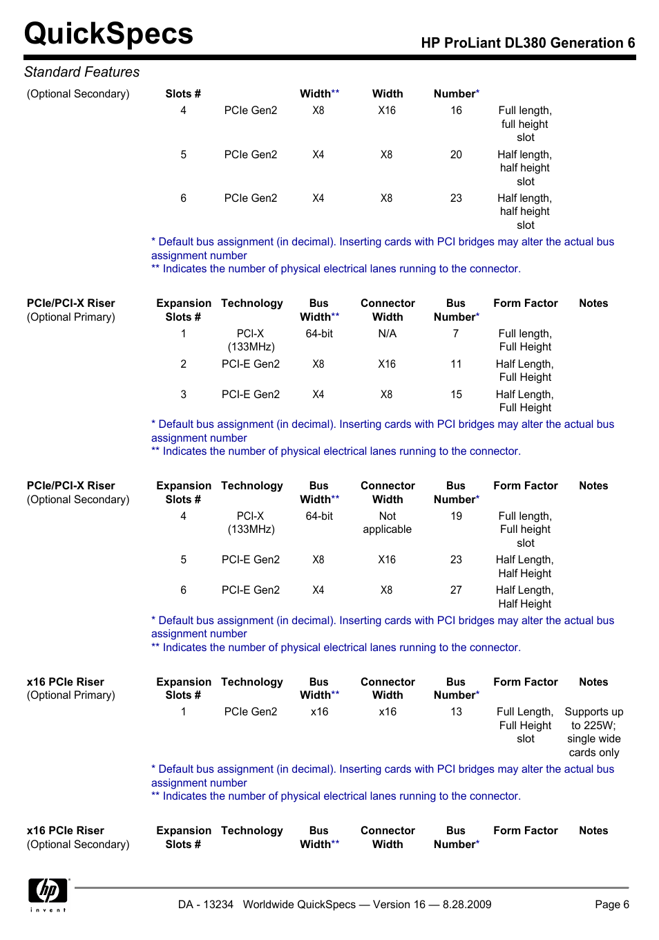 Quickspecs, Hp proliant dl380 generation 6 standard features | HP ProLiant DL380 User Manual | Page 6 / 50