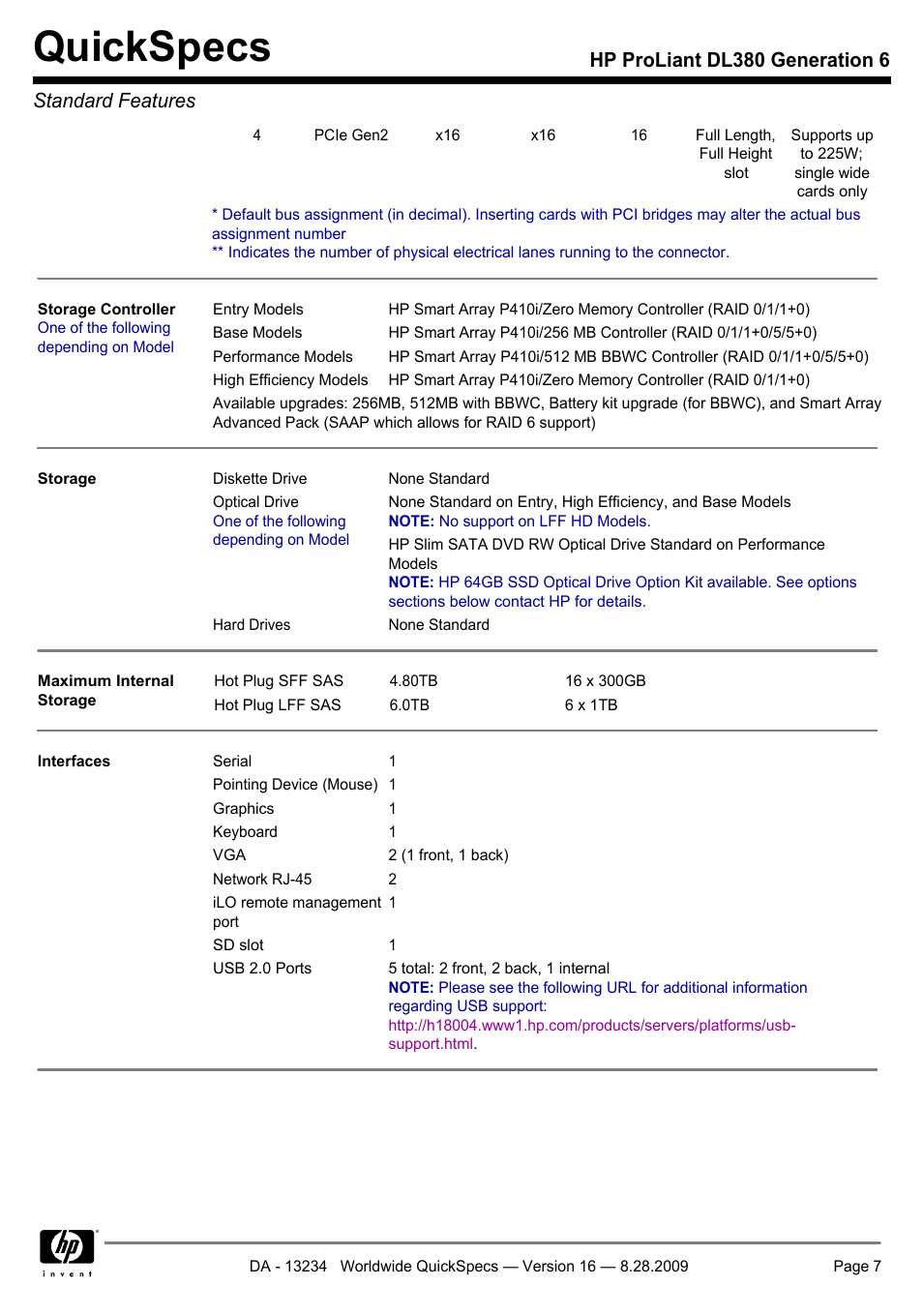 Quickspecs, Hp proliant dl380 generation 6 standard features | HP ProLiant DL380 User Manual | Page 7 / 50