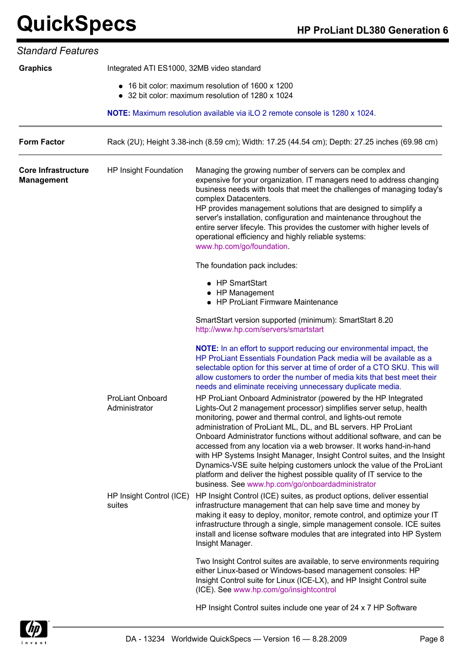 Quickspecs, Hp proliant dl380 generation 6 standard features | HP ProLiant DL380 User Manual | Page 8 / 50