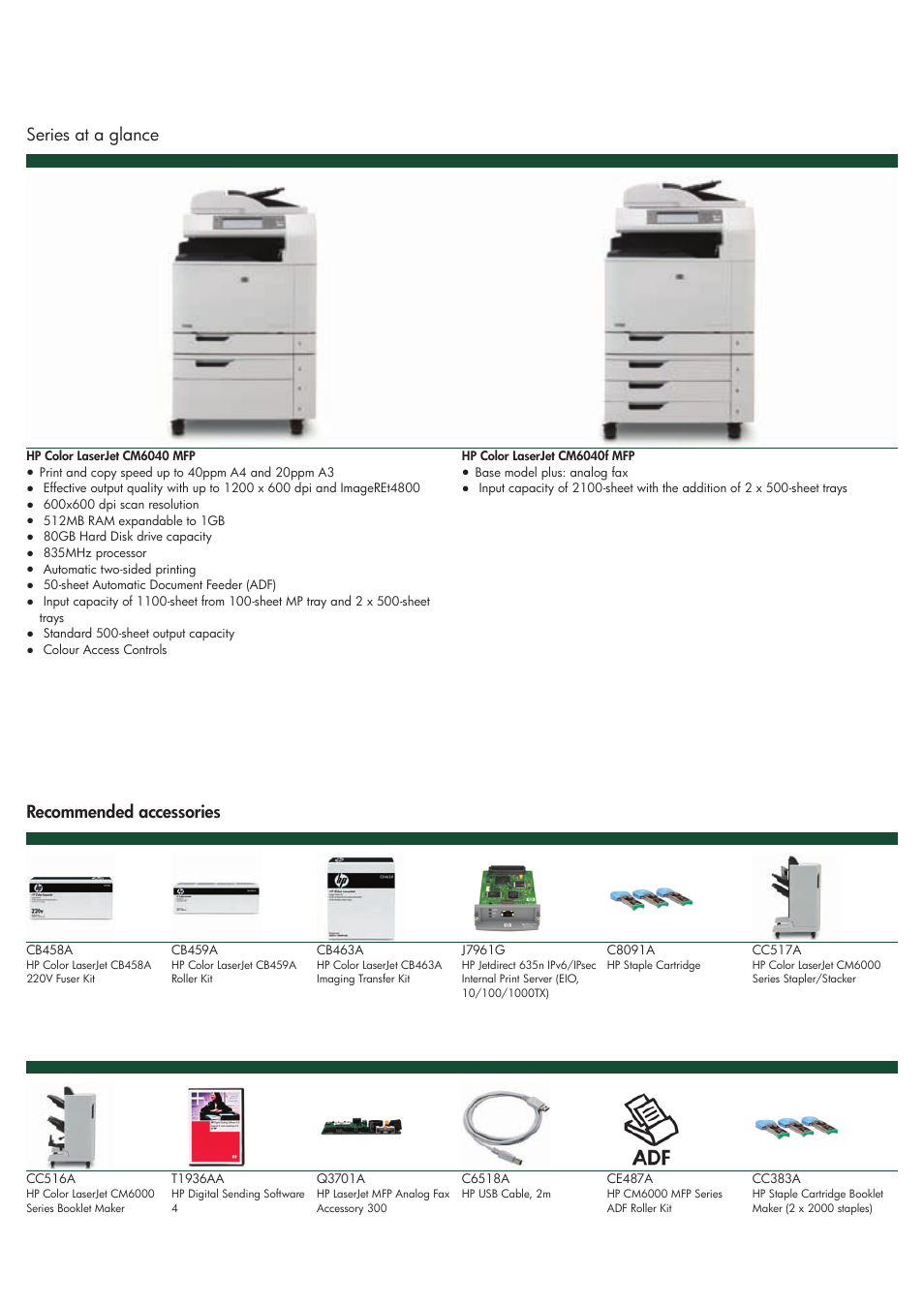 Hp color laserjet cm6040 mfp series, Series at a glance recommended accessories | HP CM6040 MFP User Manual | Page 2 / 4