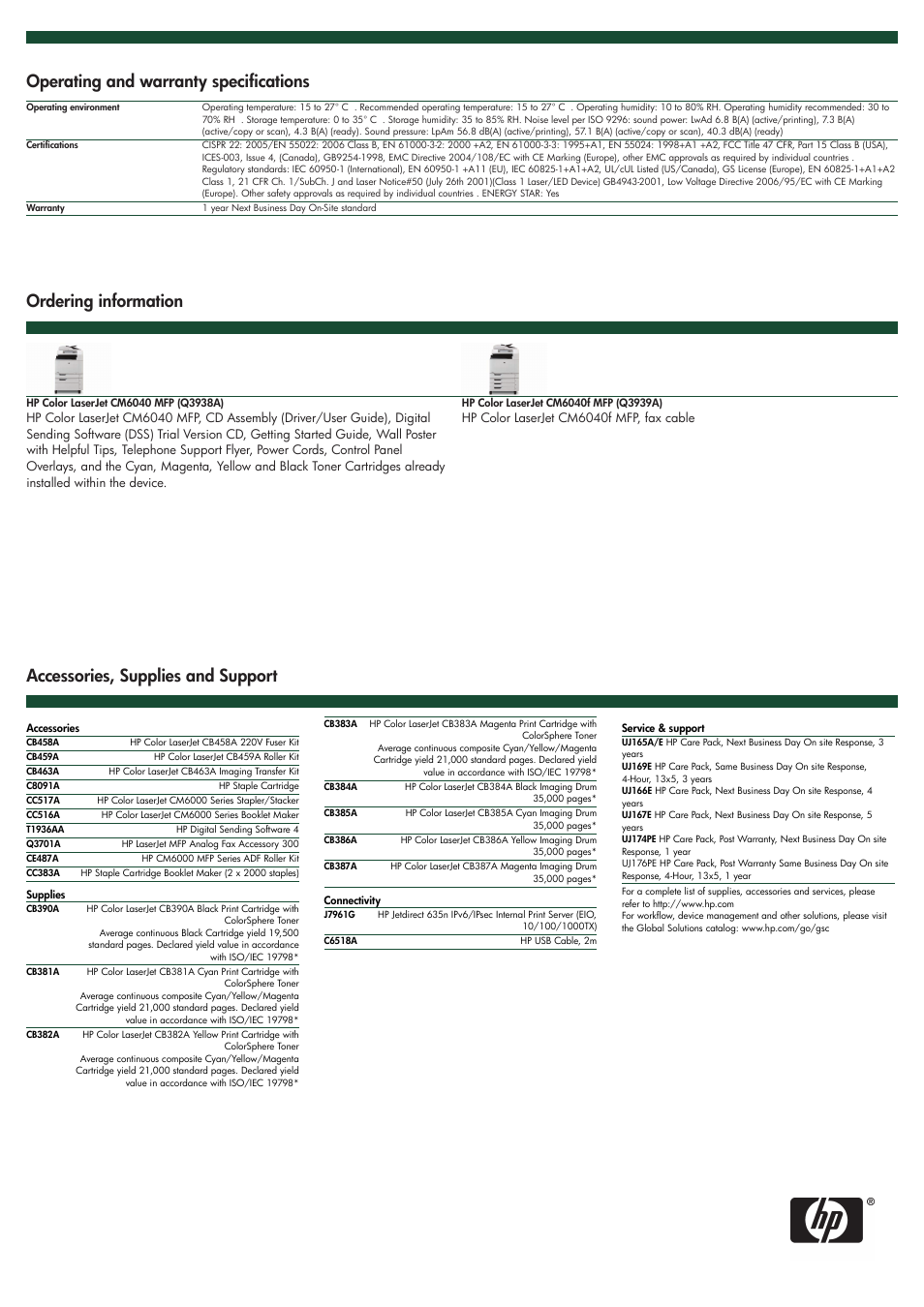 Operating and warranty specifications | HP CM6040 MFP User Manual | Page 3 / 4