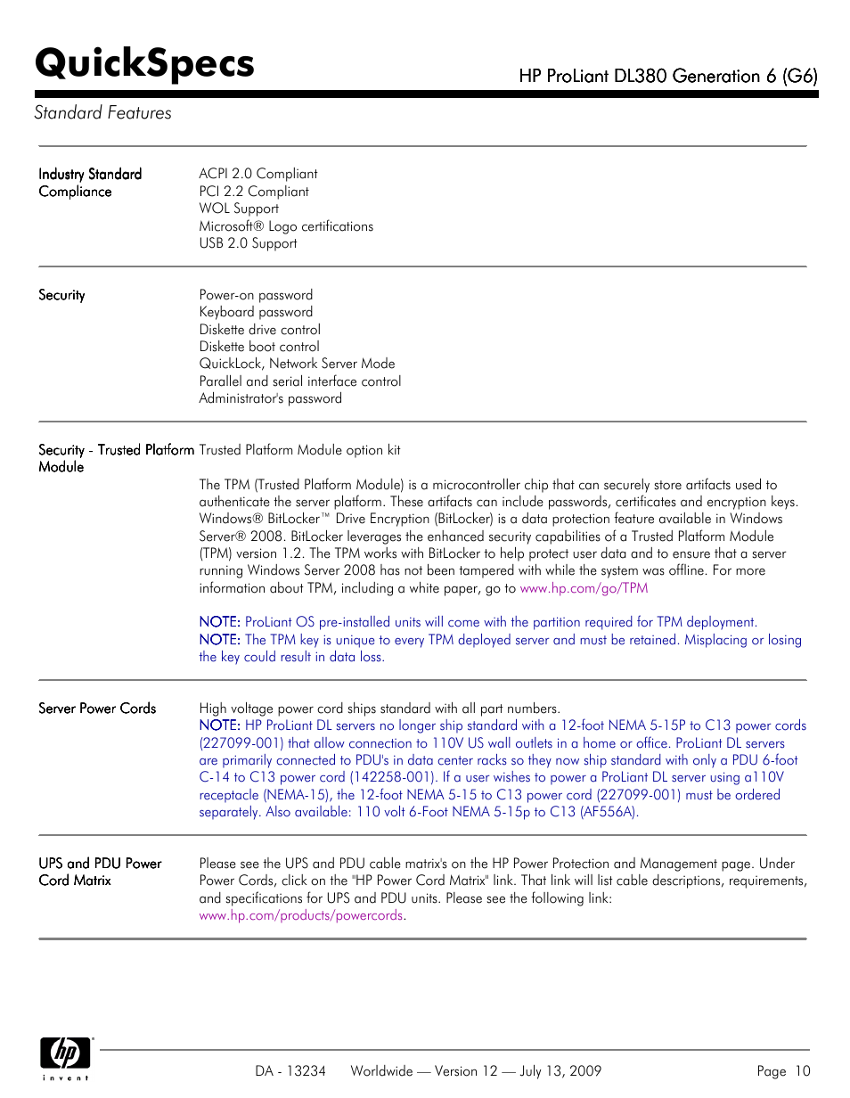 Quickspecs | HP ProLiatn Generation 6 DL380 User Manual | Page 10 / 51