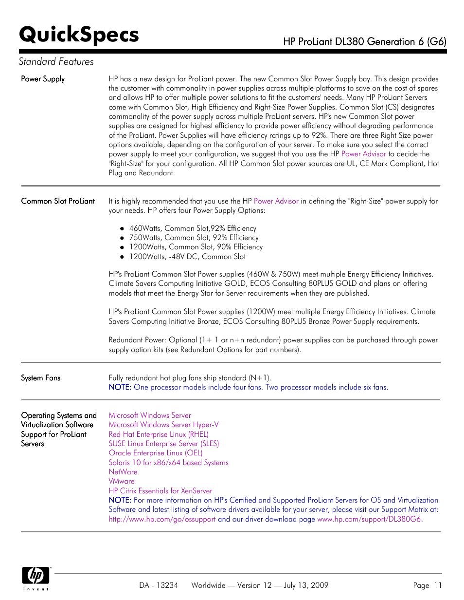 Quickspecs | HP ProLiatn Generation 6 DL380 User Manual | Page 11 / 51