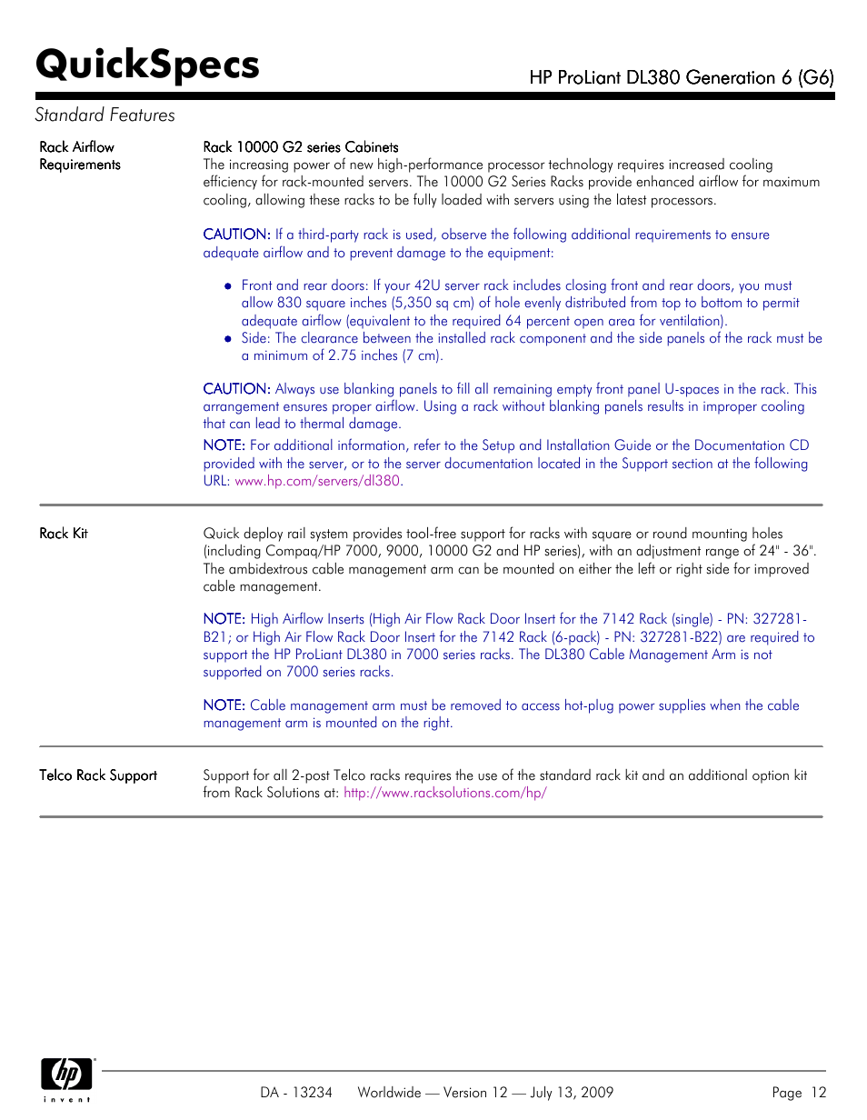 Quickspecs | HP ProLiatn Generation 6 DL380 User Manual | Page 12 / 51