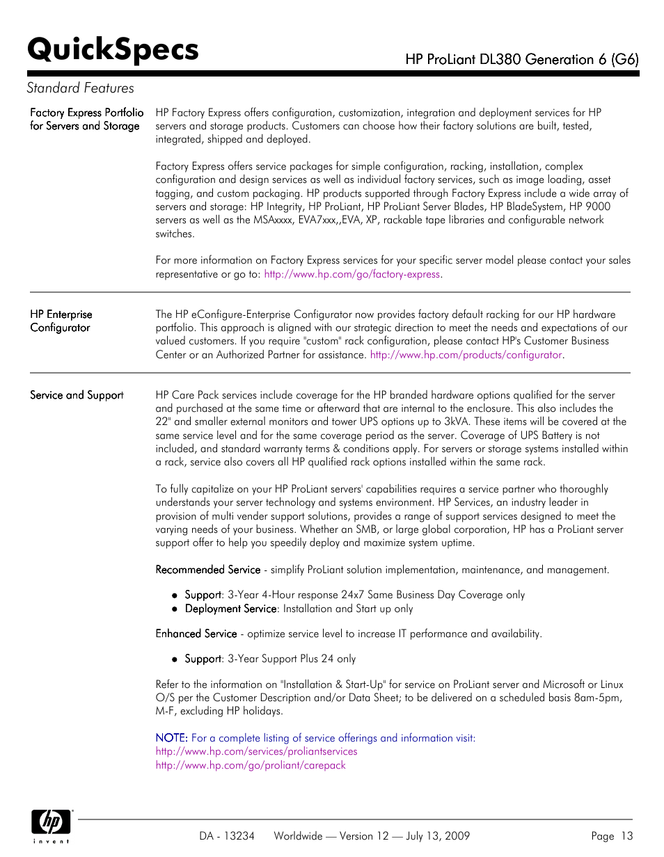 Quickspecs | HP ProLiatn Generation 6 DL380 User Manual | Page 13 / 51