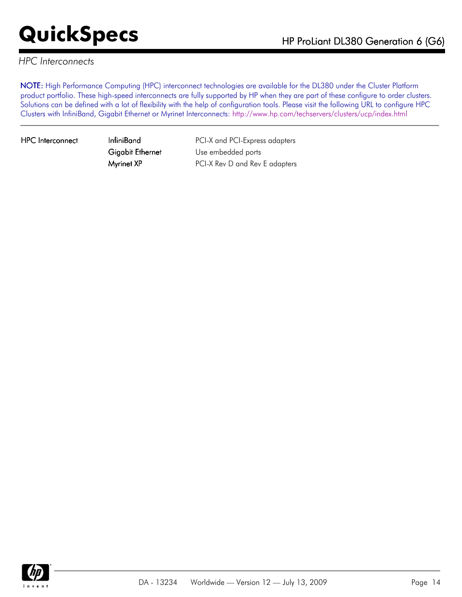 Hpc interconnects, Quickspecs | HP ProLiatn Generation 6 DL380 User Manual | Page 14 / 51