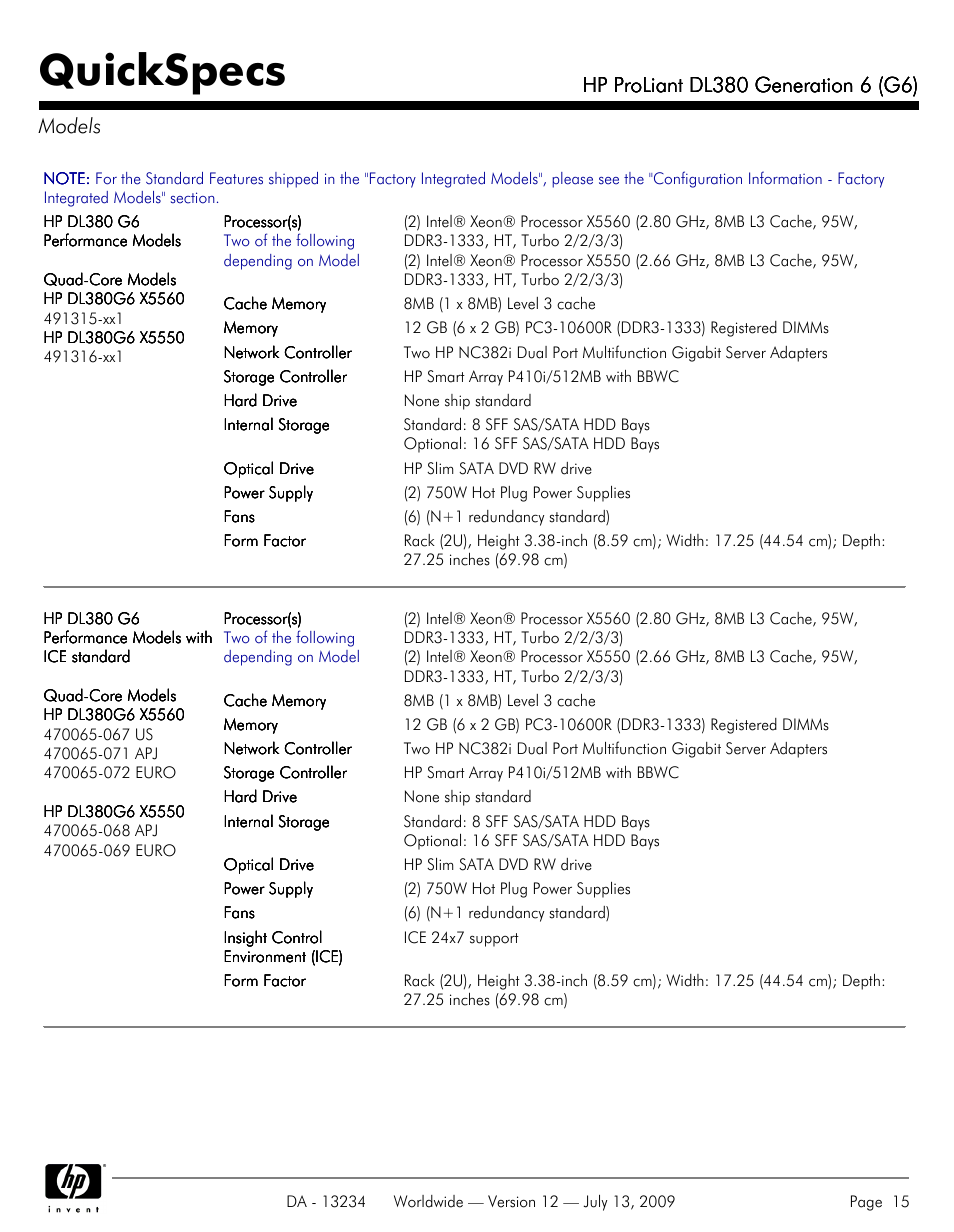 Models, Quickspecs | HP ProLiatn Generation 6 DL380 User Manual | Page 15 / 51