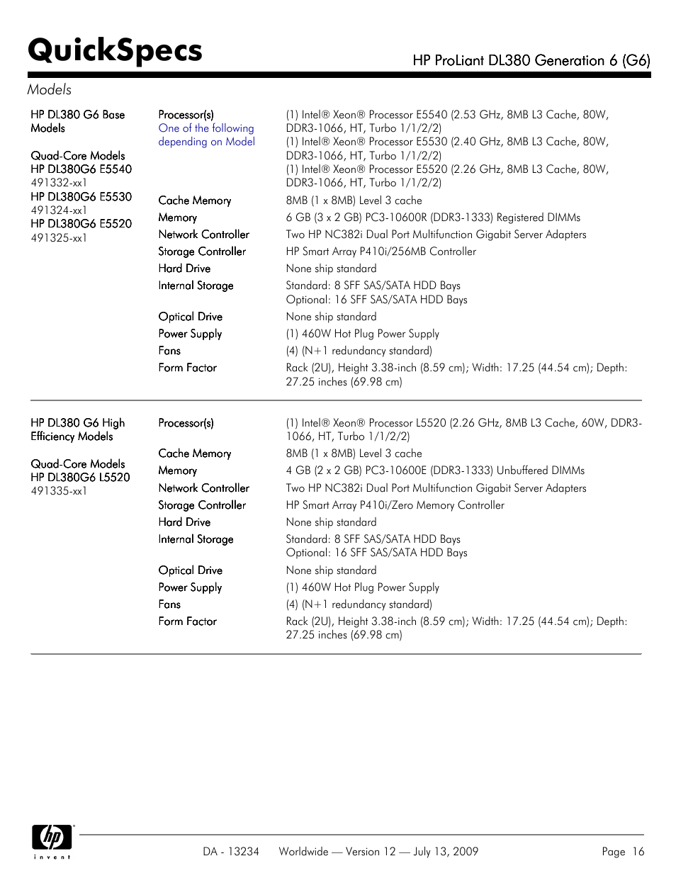 Quickspecs | HP ProLiatn Generation 6 DL380 User Manual | Page 16 / 51